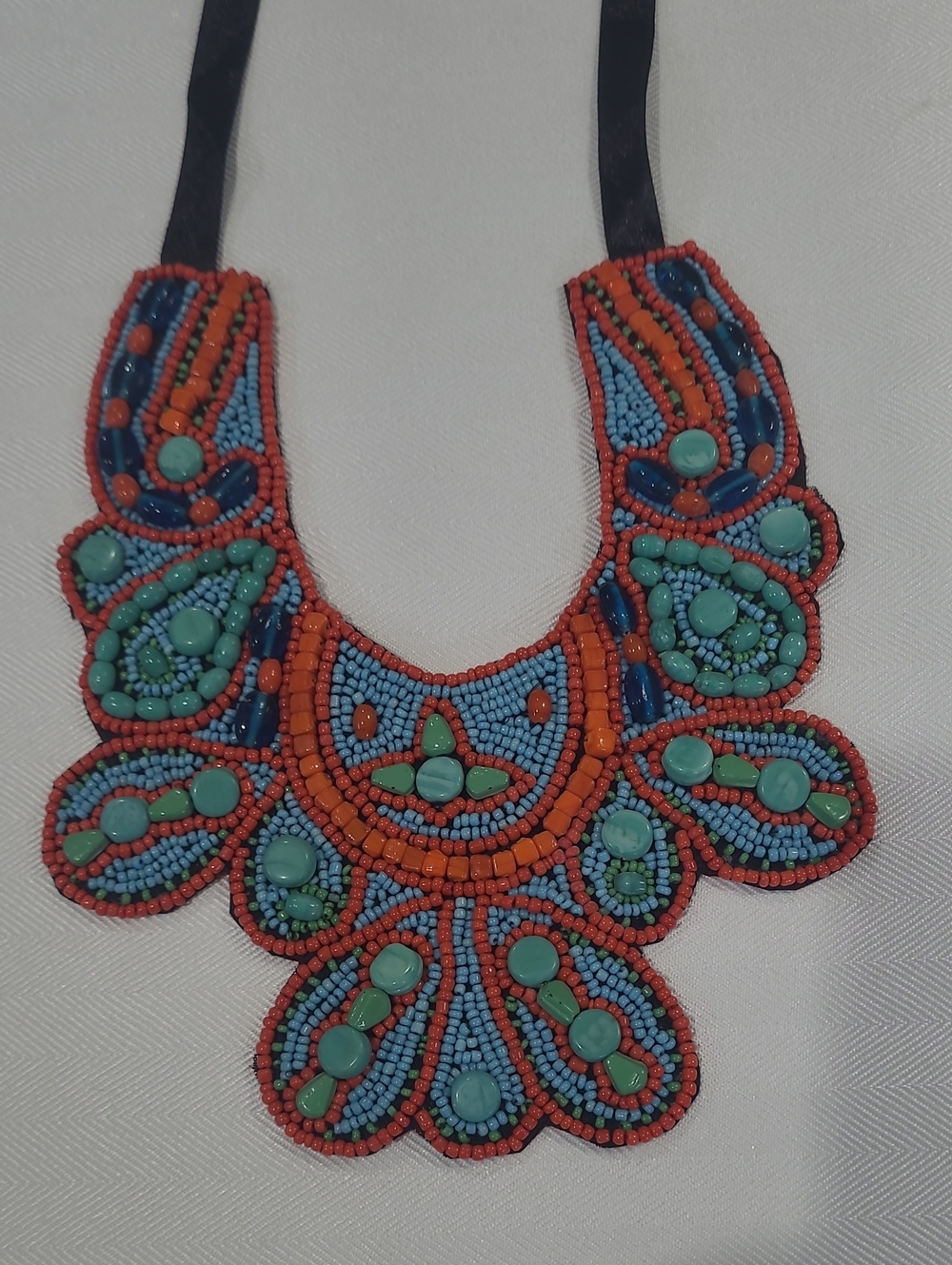 Tribal Namibia Hand Embroidered Bib Beaded Statement Necklace
